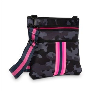 Blue Camo with pink neoprene crossbody bag
